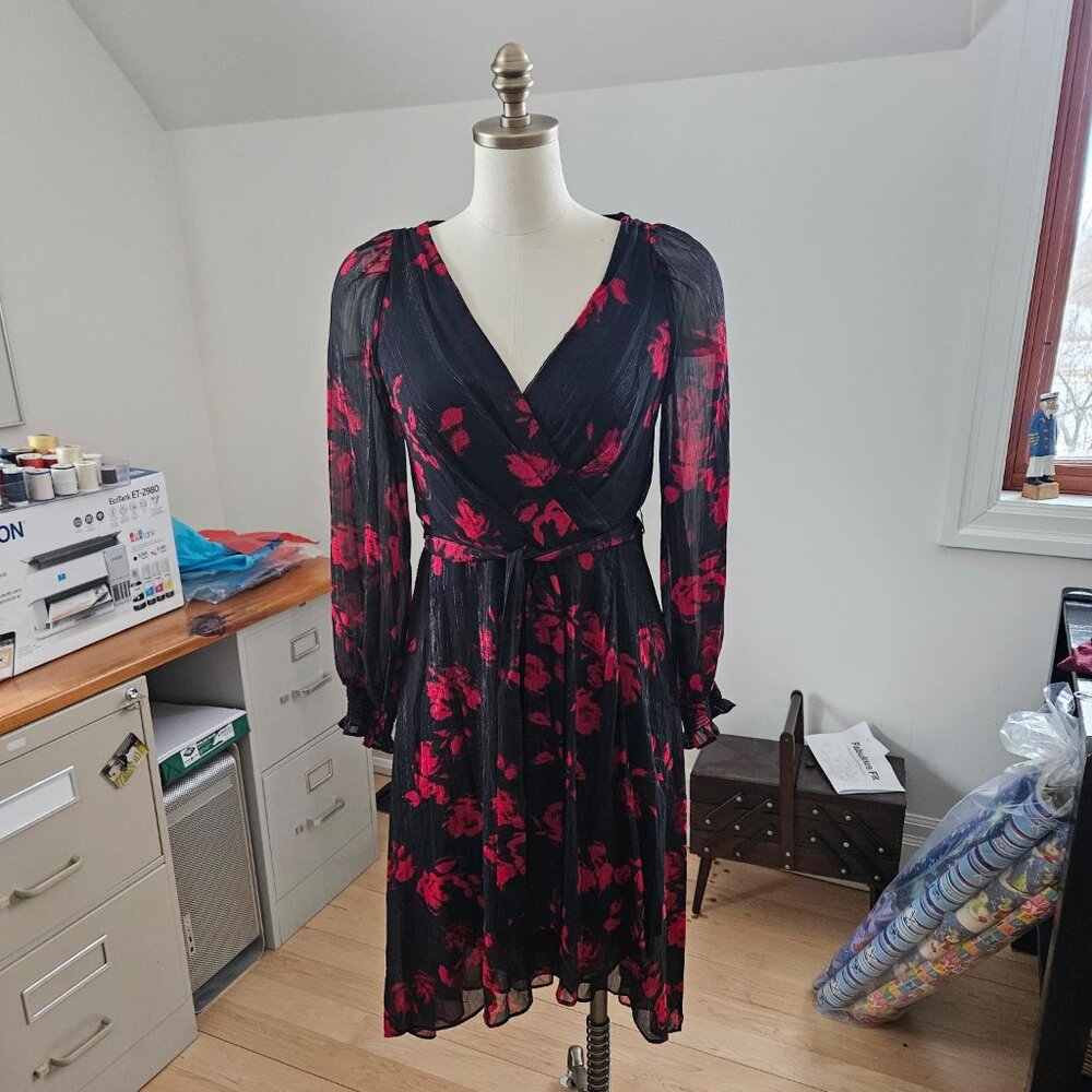 DKNY Black & Red Floral Chiffon Dress | Size 4